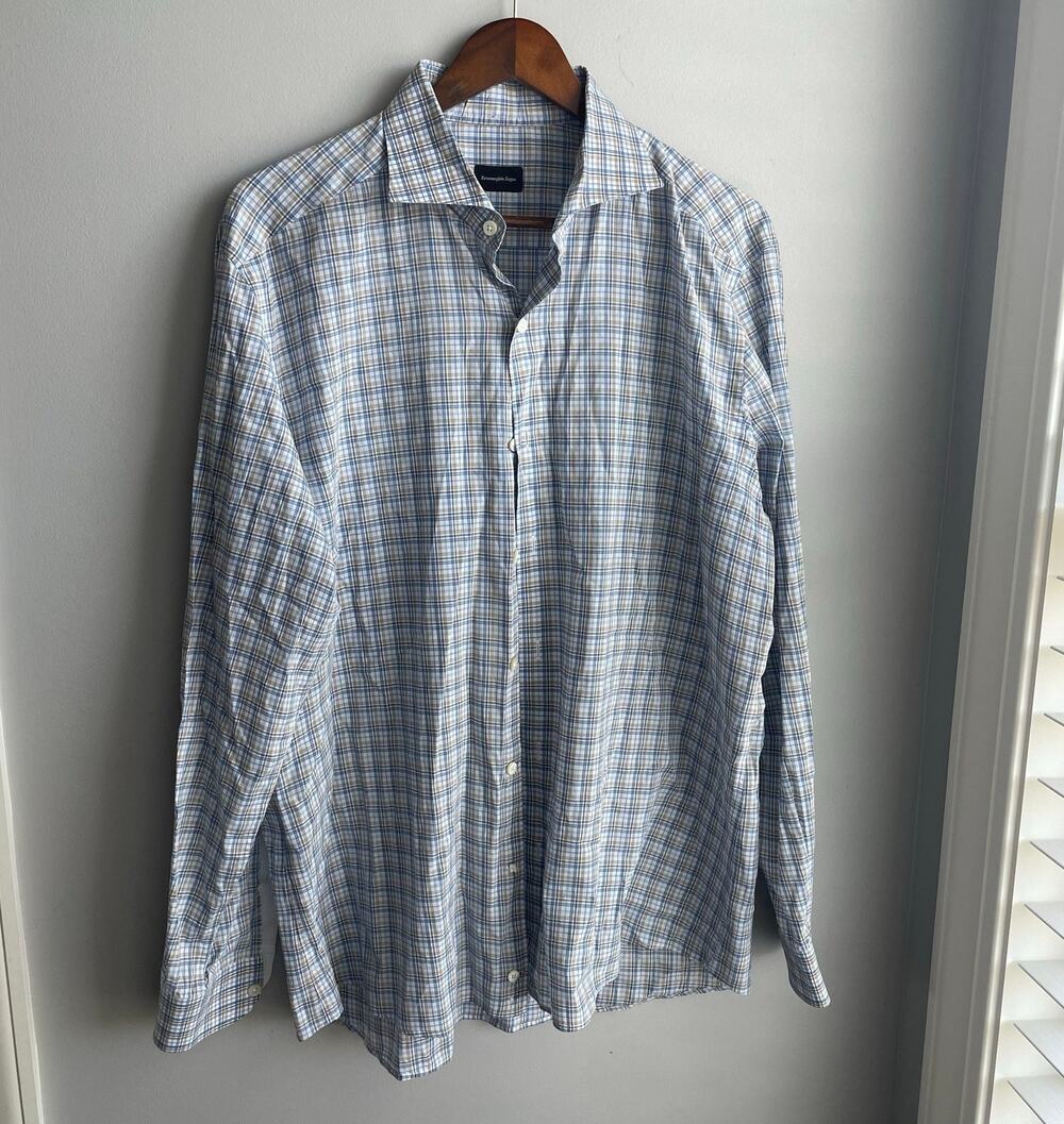 Ermenegildo Zegna 100% Cotton Plaid Button Up Dress Shirt Tan Blue Wht sz XL